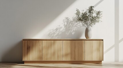 Poster - Sunlight streams through a large window, illuminating a sleek wooden cabinet. A simple vase filled with delicate greens sits atop, enhancing the minimalist aesthetic of the room