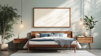 Poster - Soft afternoon light filters through a tranquil bedroom space adorned with green plants