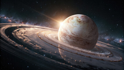 Wall Mural - A glowing planetary disk with swirling auroras, floating in a dark cosmic void, radiating soft ethereal light with a vast celestial backdrop, ideal for design and branding.