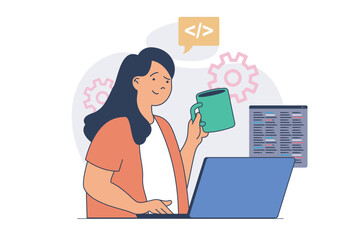 Poster - Programmer working concept with cartoon people in flat design for web. Woman doing job tasks at laptop, programming software, engineering and developing programs, coding scripts. Vector illustration.