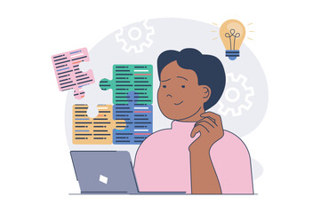 Fototapete - Programmer working concept with cartoon people in flat design for web. Man doing job tasks at laptop, programming and engineering programs, finding solutions for optimization. Vector illustration.