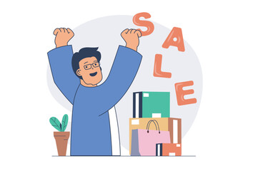 Poster - Shopping concept with cartoon people in flat design for web. Happy man doing purchases on sales, buying new products in packages at stores and markets with clearance offers. Vector illustration.