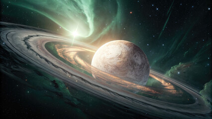 Wall Mural - A glowing planetary disk with swirling auroras, floating in a dark cosmic void, radiating soft ethereal light with a vast celestial backdrop, ideal for design and branding.
