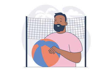 Leinwandbilder - Summertime activity concept with cartoon people in flat design for web. Man with ball playing beach volleyball at tropical vacation, enjoying summer sport in tournament game. Vector illustration.
