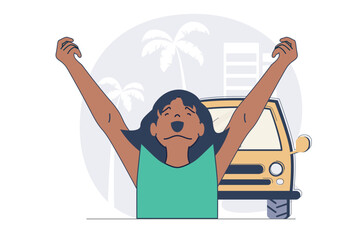 Poster - Summertime activity concept with cartoon people in flat design for web. Happy woman enjoying summer travel by car, going in weekend vacation by vehicle, relax at tropical resort. Vector illustration.