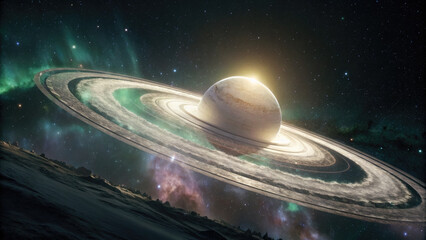 Wall Mural - A glowing planetary disk with swirling auroras, floating in a dark cosmic void, radiating soft ethereal light with a vast celestial backdrop, ideal for design and branding.