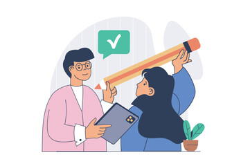 Fototapete - Teamwork concept with cartoon people in flat design for web. Man and woman brainstorming and finding new ideas for project, supporting colleagues, working with best motivation. Vector illustration.