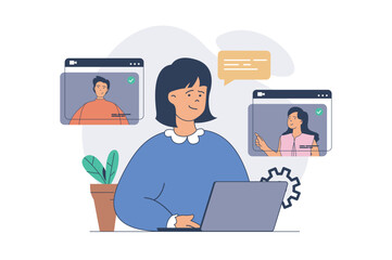 Fototapete - Video conference concept with cartoon people in flat design for web. Man and woman connecting online via video call, have virtual meeting with colleagues, connecting by internet. Vector illustration.