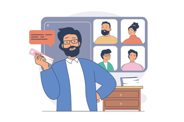 Poster - Video conference concept with cartoon people in flat design for web. Man doing virtual presentation for colleagues and connecting by video call and talking at online webinar. Vector illustration.