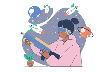 Aufkleber - Virtual reality concept with cartoon people in flat design for web. Woman in VR headset playing in cosmic shooter game with rockets and gun simulation, enjoying cyber gaming. Vector illustration.