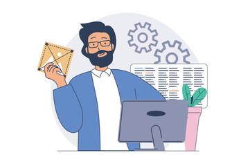 Fototapete - Web development concept with cartoon people in flat design. Man programming applications and coding page interfaces, creating webpage layouts, working with products at computer. Vector illustration.