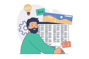 Poster - Web development concept with cartoon people in flat design. Man coding page interfaces, working with webpage layouts at computer, brainstorming, doing improvement optimization. Vector illustration.