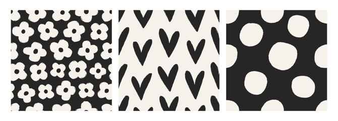 Fototapete - Seamless patterns with flowers, hearts, polka dots. Modern feminine prints, endless backgrounds. Hand-drawn doodle textures set, repeating designs for textile, fabric. Flat vector illustration
