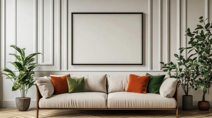 Poster - A cozy living room is enhanced by a soft beige couch adorned with colorful cushions. Large potted plants add a touch of nature, while an empty frame awaits artwork on the wall
