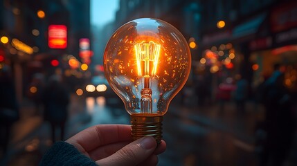 Poster - Glowing lightbulb held in hand against a vibrant city skyline