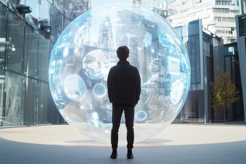 a man stands in front of an interactive digital screen showing various icons representing business, 