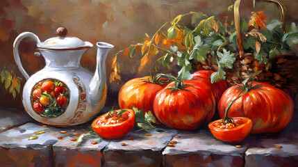 Poster - Vibrant painting depicting ripe tomatoes and a teapot in a charming still life composition perfect for kitchen or dining decor.
