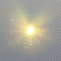 Aufkleber - Flashes of bright light on transparent background. Vector glow effect of flickering glare. Abstract ignition of lens flare.