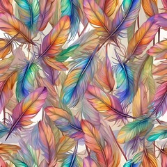 Wall Mural - a vibrant abstract pattern of stylized feathers rendered in a watercolor like style with a soft past