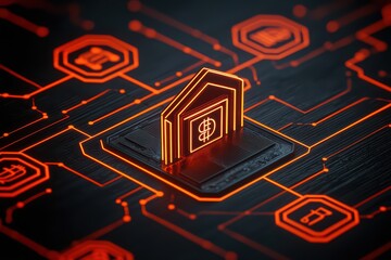 Poster - Futuristic Finance Concept with Blockchain Technology and Digital Currency Symbols in Sleek Design