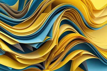 Poster - Vibrant Abstract Folded Paper Effect with Yellow Background and Dynamic Wave Pattern