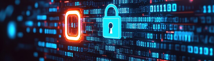 Poster - Abstract Cybersecurity Visual with Padlock and Binary Code in Digital Theme for Technology Concepts