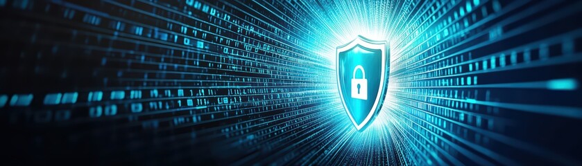 Poster - Futuristic Cybersecurity Concept with Shield and Digital Data in Blue and Black Background