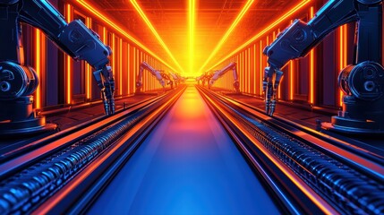 Poster - Futuristic Industrial Concept of Automated Factory with Robotic Arms and Neon Lighting Effects