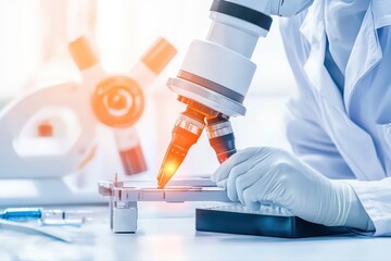 Poster - high-tech industrial laboratory scene with microscope and scientific equipment at work