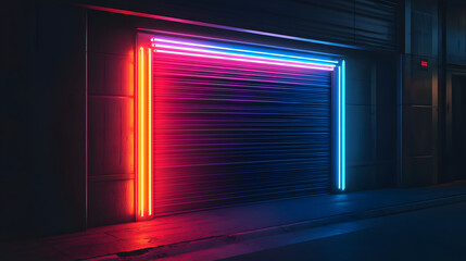Poster - Eye-catching neon sign in a garage radiating vibrant colors against a dark wall creating a unique and artistic urban atmosphere.