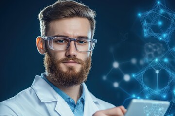 Poster - Scientist in White Coat Analyzing Data with Advanced Technology in a Laboratory Setting