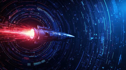 Poster - Futuristic Space Technology Concept with Rocket in High-Speed Motion through Digital Portal