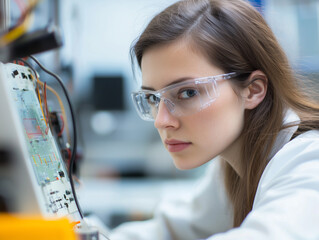 Aufkleber - focused woman wearing safety goggles works on electronic equipment, showcasing concentration and precision in laboratory setting. image captures side angle view
