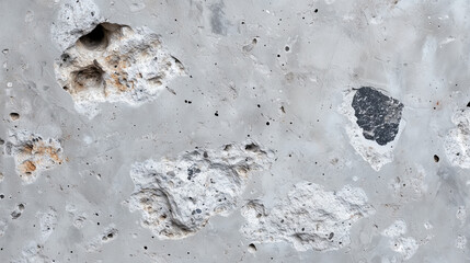 Fototapete - textured concrete wall with various holes and rough patches, showcasing mix of grey tones and natural imperfections. surface has rugged, industrial feel