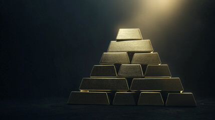 Poster - pyramid of gold bullion bars is stacked neatly, illuminated by glowing light against dark background, creating sense of wealth and luxury