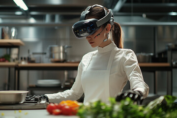 Poster - woman in futuristic kitchen wears VR headset and prepares food, blending technology with culinary arts. scene is sleek and modern, highlighting innovation and creativity
