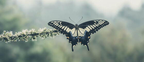 Poster - butterfly with delicate wings rests gracefully on moss covered branch, set against blurred natural background. serene scene captures organic beauty of nature