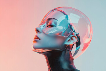 Poster - futuristic female cyborg model with transparent helmet and sleek design, showcasing advanced technology and innovation in vibrant, colorful setting