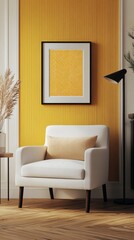 Poster - Bright yellow walls frame a comfortable white chair with a decorative cushion, inviting relaxation. A sleek lamp and decorative plants add elegance to this modern living space