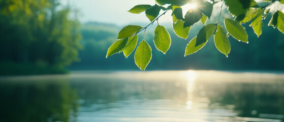 Poster - serene lake scene with sunlight filtering through green leaves, casting reflections on calm water. tranquil atmosphere evokes sense of peace and natural beauty