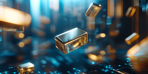 Poster - futuristic scene with floating gold bars and digital holograms creates sense of advanced technology and wealth. glowing blue and gold tones enhance modern, high tech atmosphere