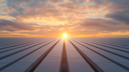 Aufkleber - vast expanse of modern architectural structure is captured at sunset, with sun setting on horizon, casting warm glow over linear patterns of building