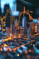 Poster - A digital display of real estate market trends glowing in a cityscape.