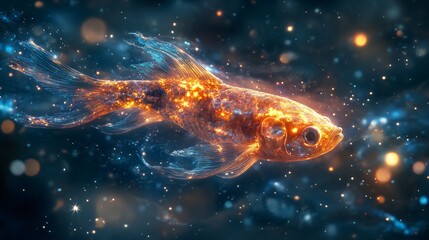 a neon floating fish swimming through the cosmos