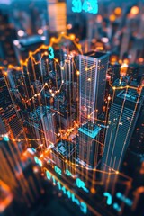 Poster - A digital display of real estate market trends glowing in a cityscape.