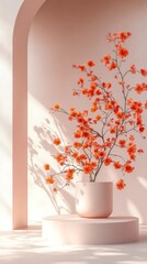 Poster - A striking arrangement of orange blossoms stands tall in a smooth, round pot against a pale pink background. Sunlight casts delicate shadows, enhancing the tranquil ambiance