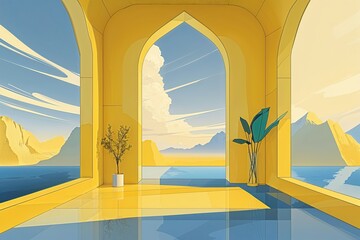 Poster - Crisp Yellow Chamber with a Serene Abstract Vista Illustration