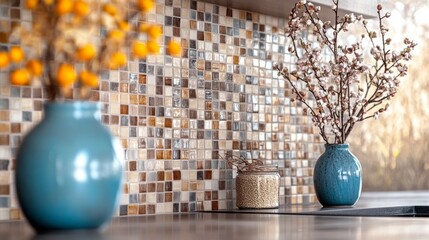 Aufkleber - Brightly colored vases filled with blossoming branches and delicate flowers sit on a clean countertop. The mosaic tile wall glimmers softly in warm afternoon sunlight, creating an inviting atmosphere