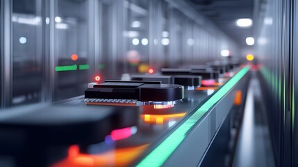 Poster - A close-up view of a modern automated conveyor system, showcasing advanced technology in manufacturing