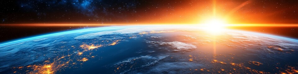 Wall Mural - sunrise over earth awe-inspiring view. blue atmosphere illuminating with orange light in space